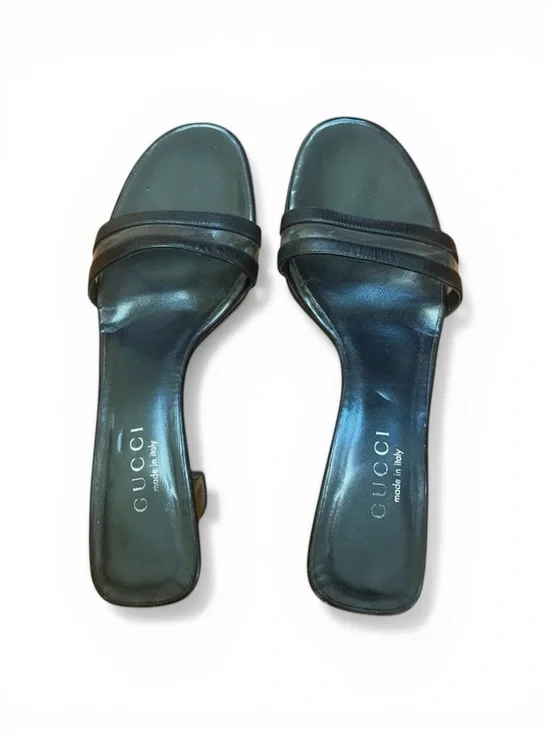 Auth Gucci black Leather Clear Mules block heel lucite vintage sandal 7.5 - Picture 2 of 8